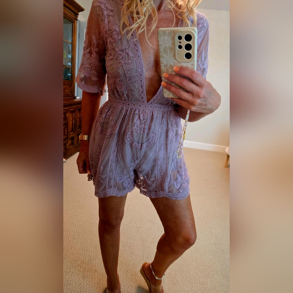Honey Punch Purple Lace Romper